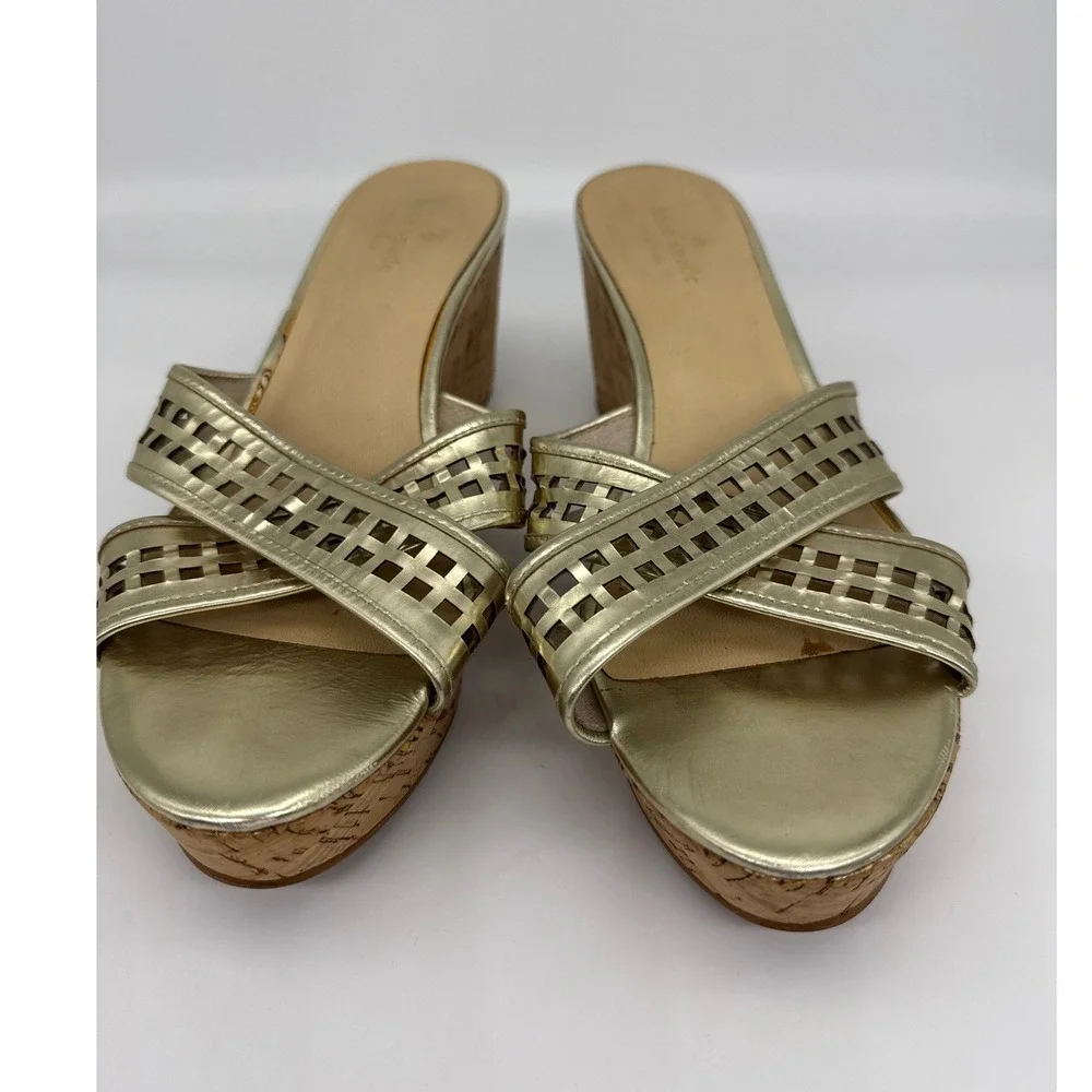 Kate Spade New York Gold Metallic Lattice‎ Cork Wedge Sandals Womens 10M